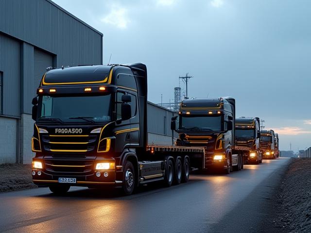 Fleet of Outlaw Trucking flatbeds arriving at a large-scale construction site
