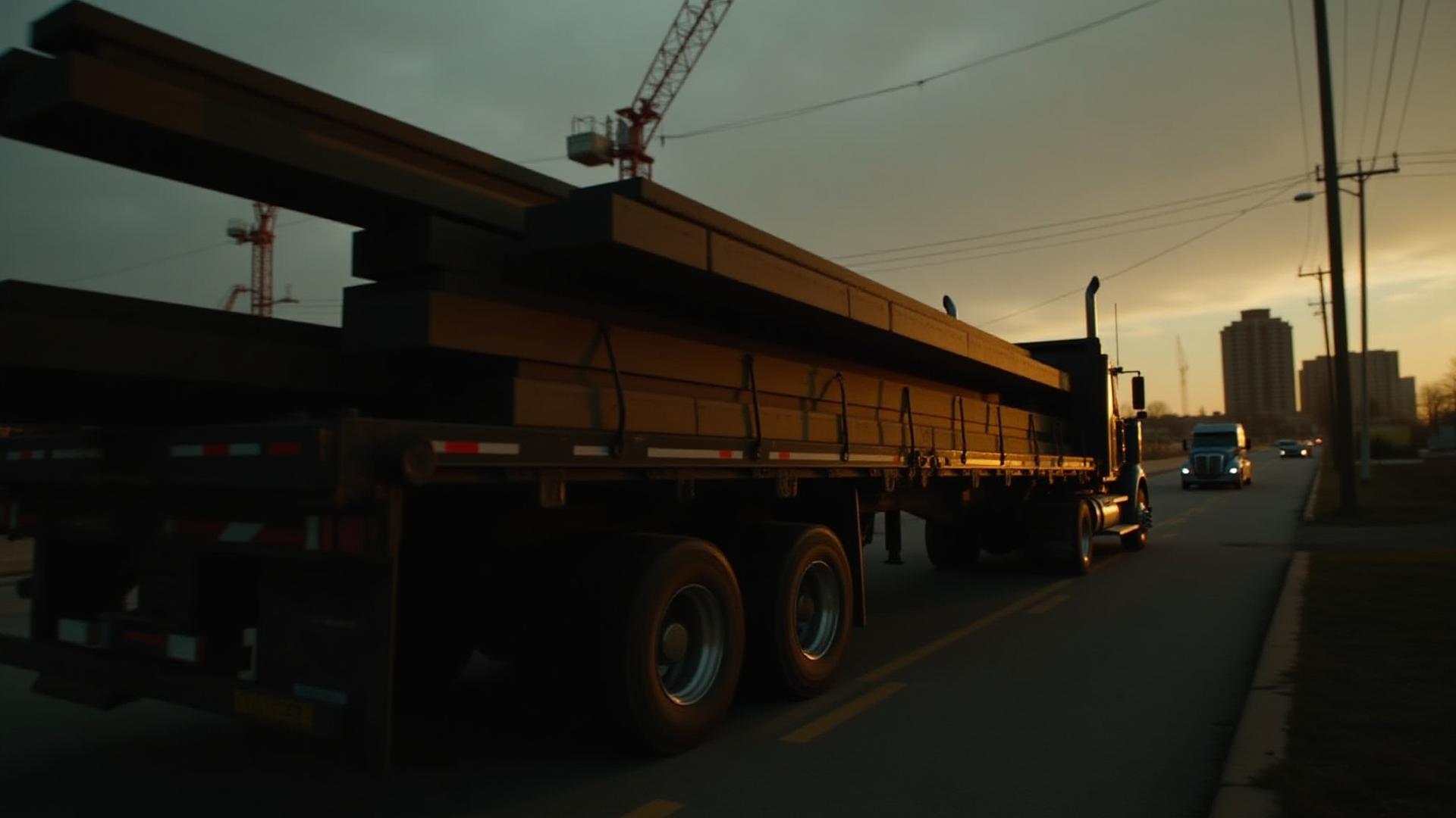 Flatbed truck loaded with structural steel at a Cape Girardeau construction site