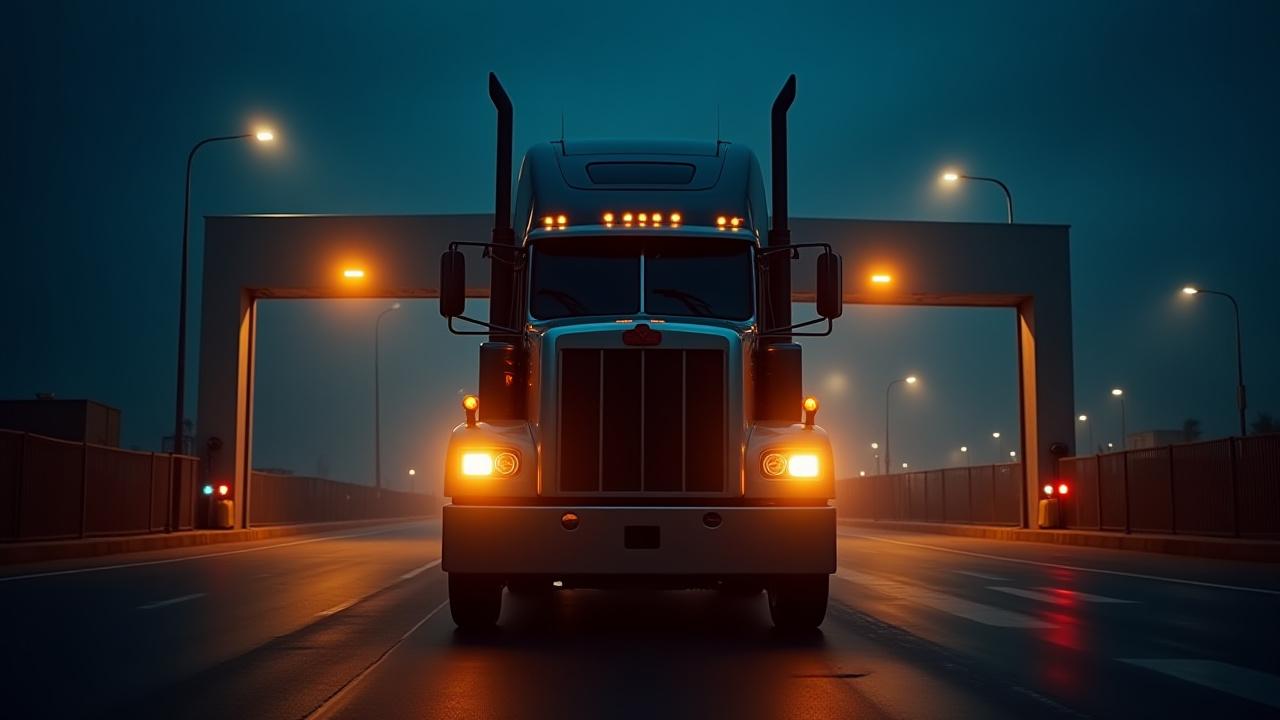 Heavy duty truck moving through a high-security international border crossing at twilight