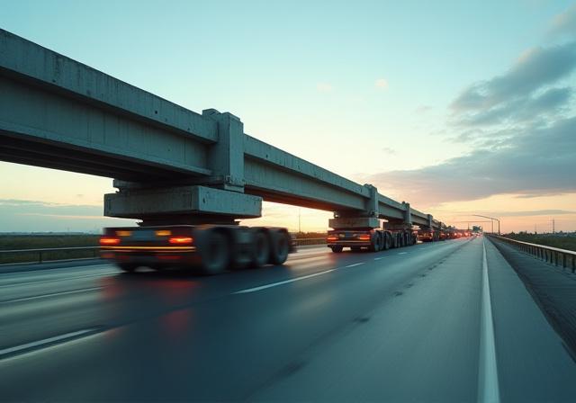 Extended bridge beam on an extendable trailer navigating a complex turn for Missouri infrastructure