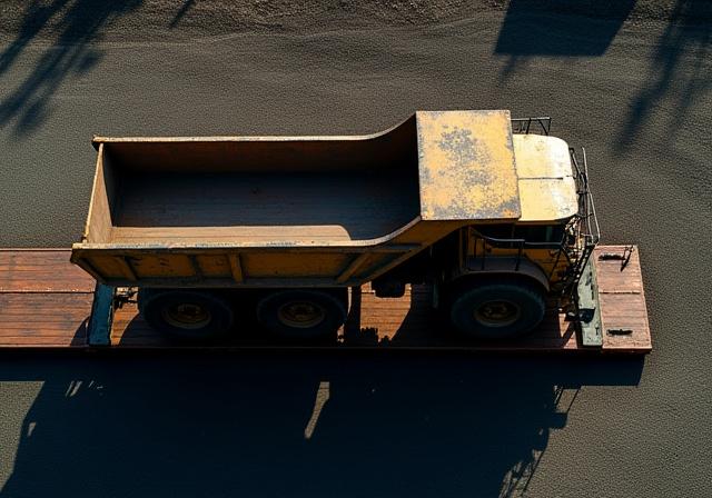 Massive mining haul truck chassis on a lowboy trailer