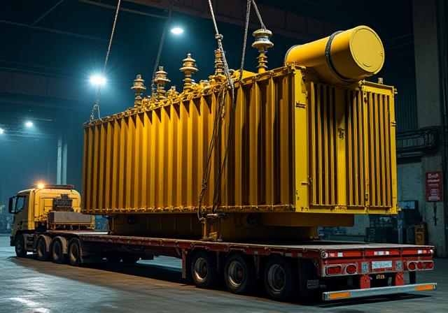 150-ton electrical transformer for an energy substation being loaded onto a multi-axle trailer