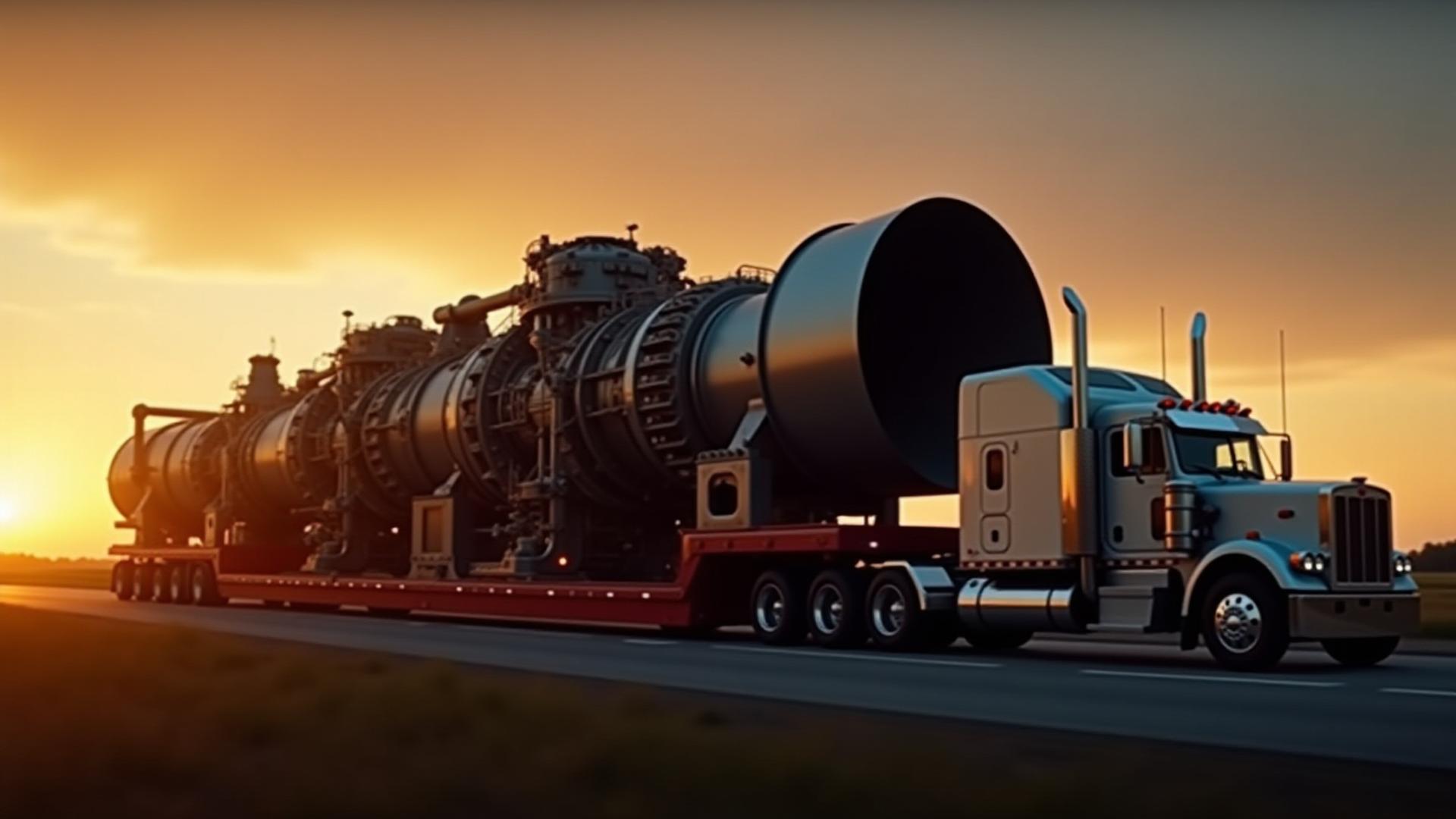 Massive 150-ton industrial turbine being transported by Outlaw Trucking multi-axle heavy haul rig