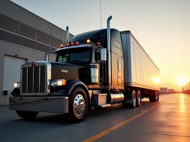 A polished Outlaw Trucking reefer truck parked at a modern loading dock